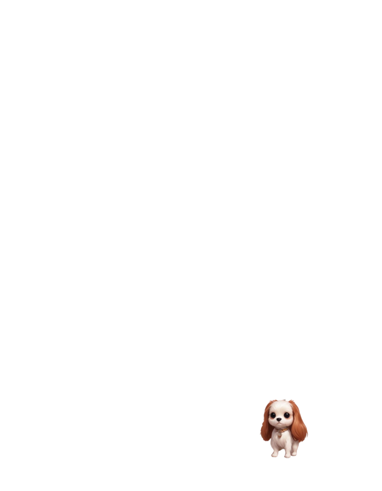 A cartoon image of a small, fluffy dog with long, reddish-brown ears and white fur